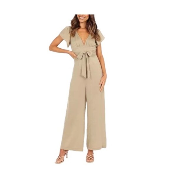 Petal & Pup Pants - Petal & Pup Orin Flutter Sleeve Jumpsuit Beige Size 8 NWT Beach Boho Coastal